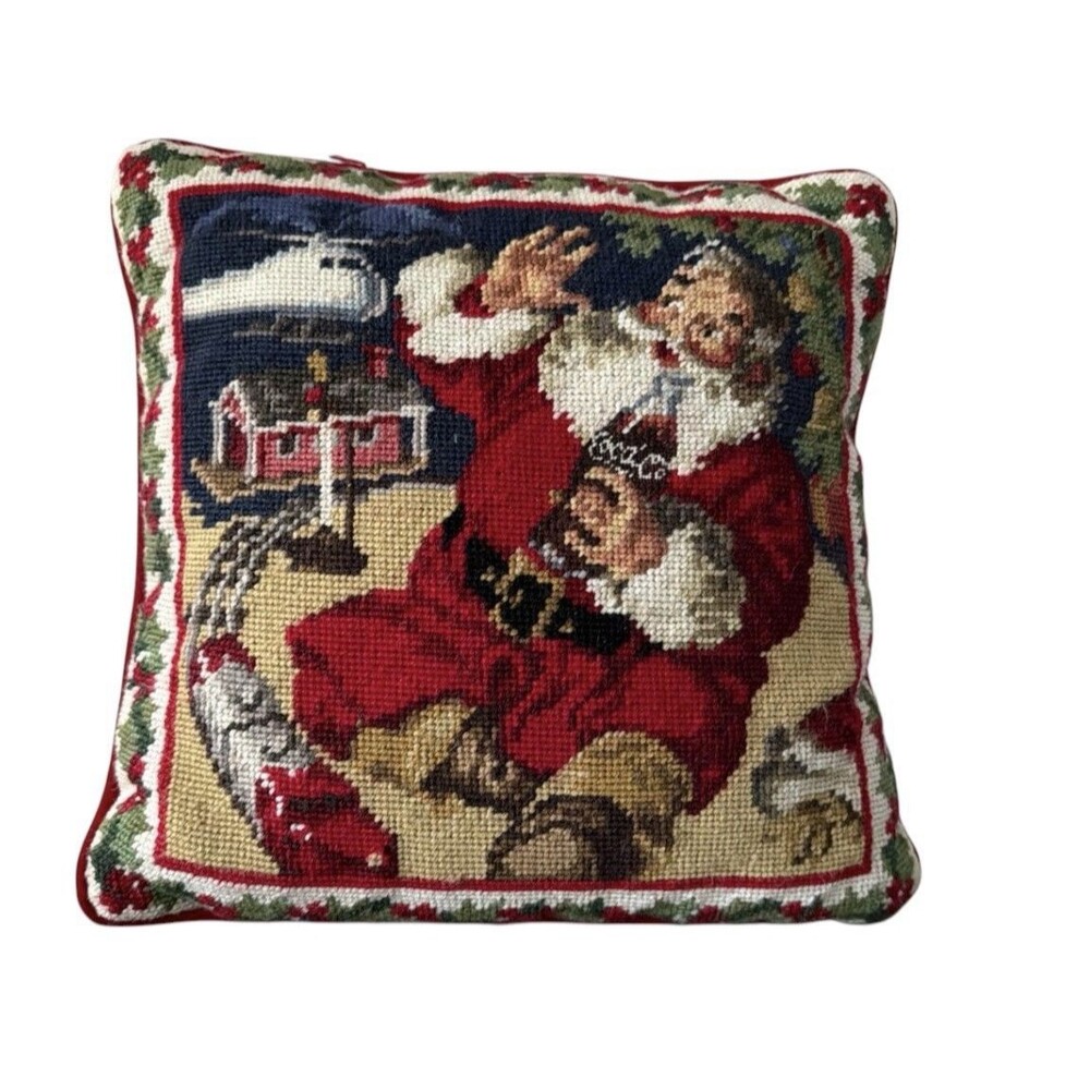 Vtg 1997 Coca Cola Christmas Needlepoint Pillow Wool Santa Train Velvet 13 X 13